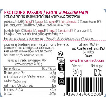 CONFITURE EXOTIQUE PASSION AU SUCRE DE CANNE