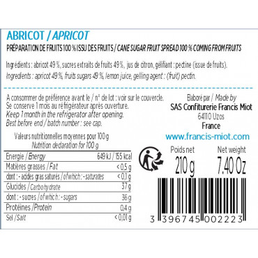 CONFITURE D'ABRICOT 100 % ISSU DES FRUITS